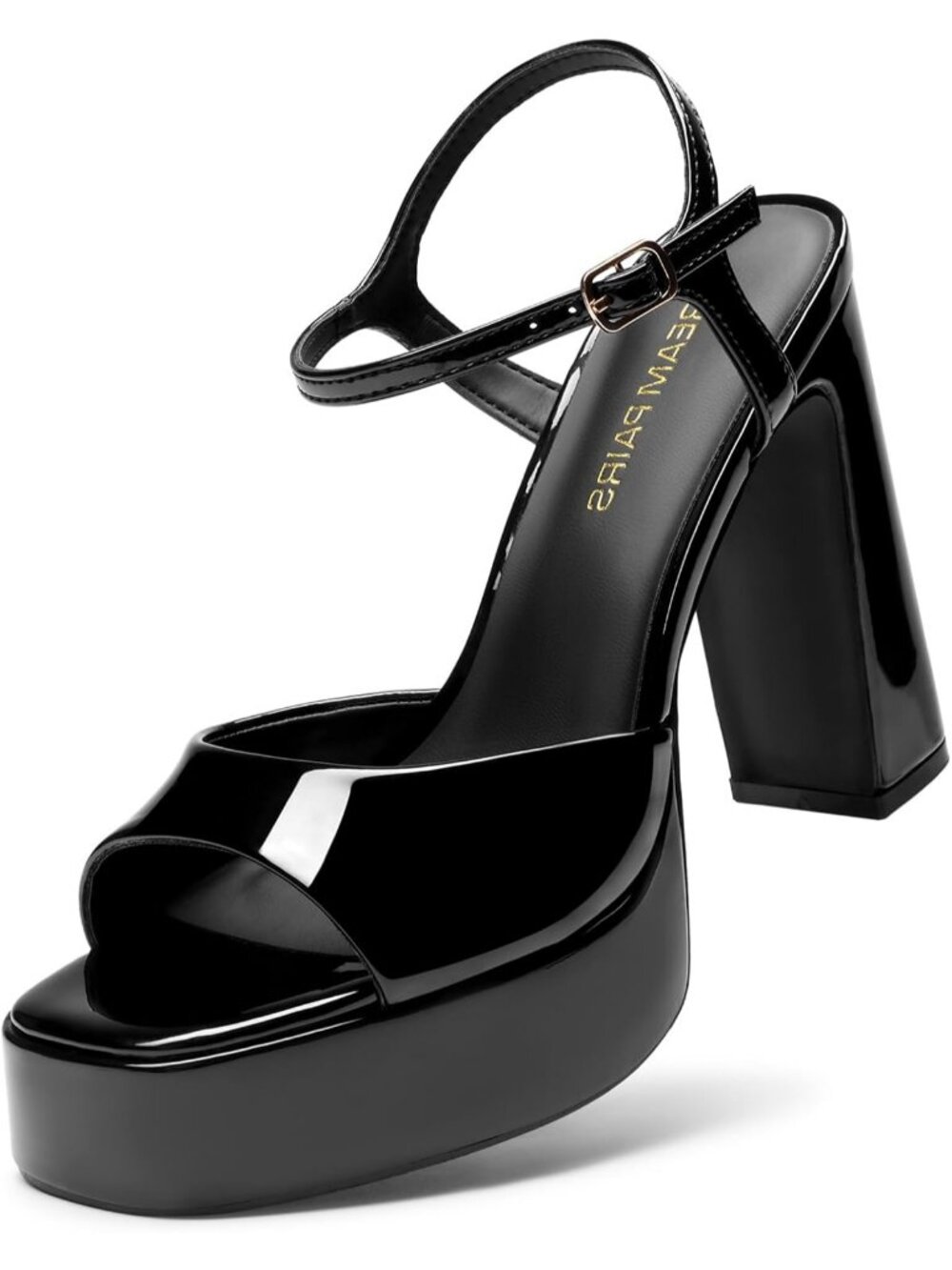 Women's Black pat Faux Leather Square Toe Chunky Ankle Strap Block Heel Sandals